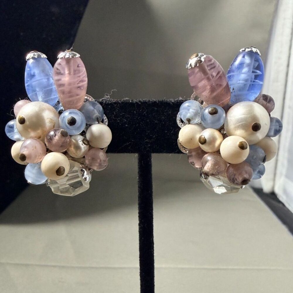 Vintage 1950s Signed Japan Pastel Bead Cluster Clip-On Earrings